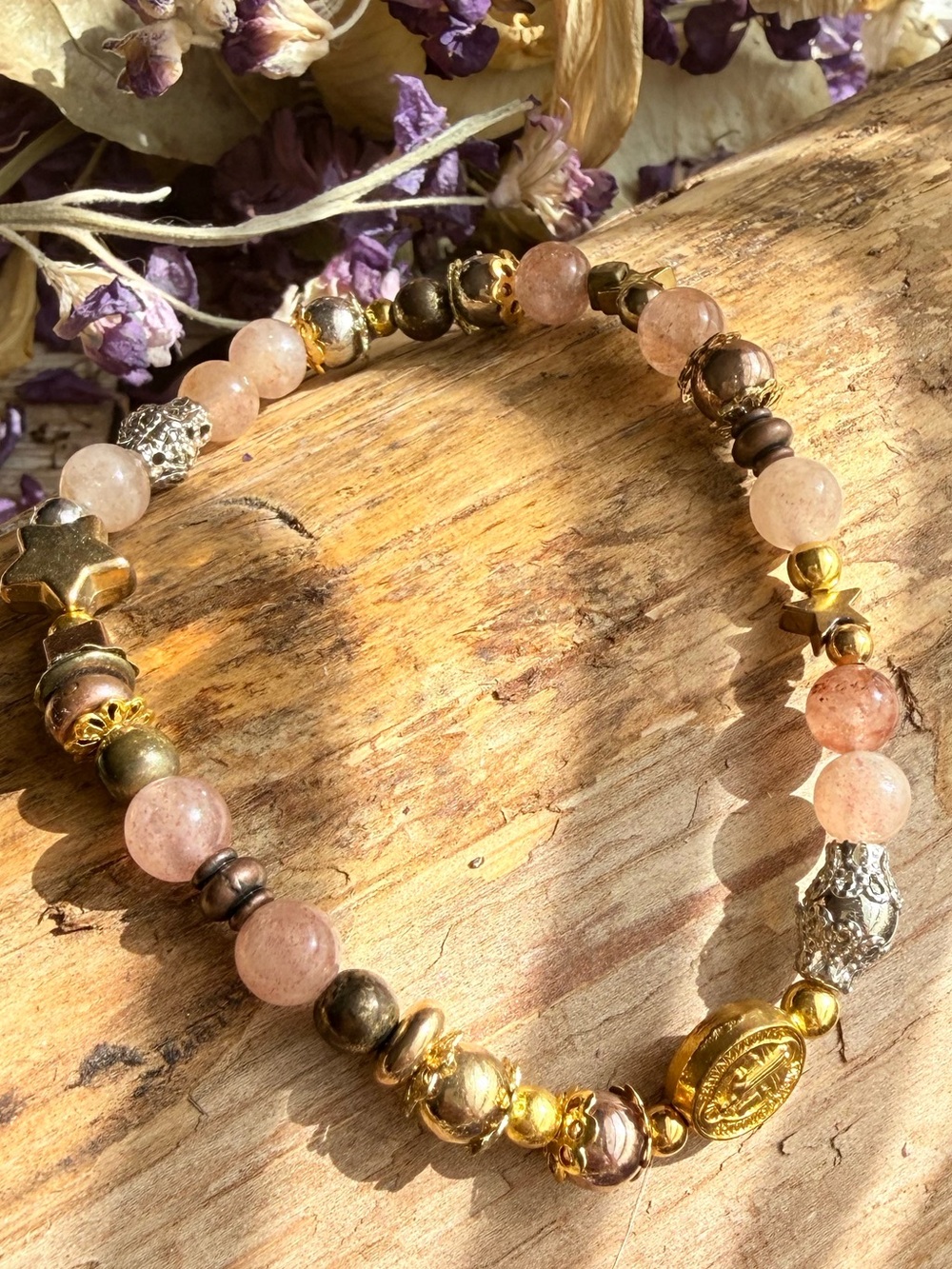 Antique gold and strawberry quartz Bead Bracelet | cool layers